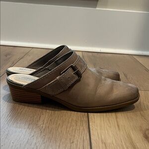 Clarks Taupe Leather Mules with Buckle